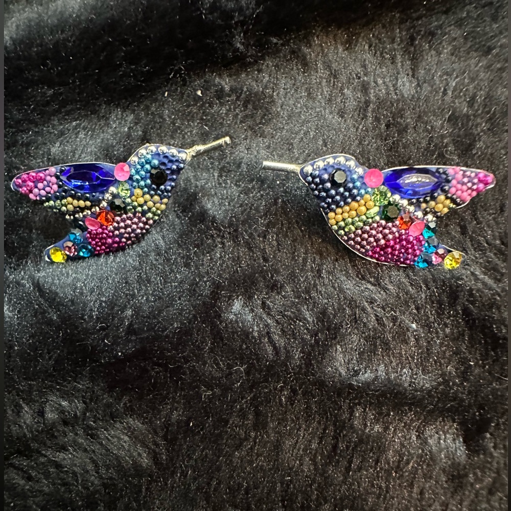 Sterling 925 Glass Bead Colorful Hummingbird Stud Earrings NWOT